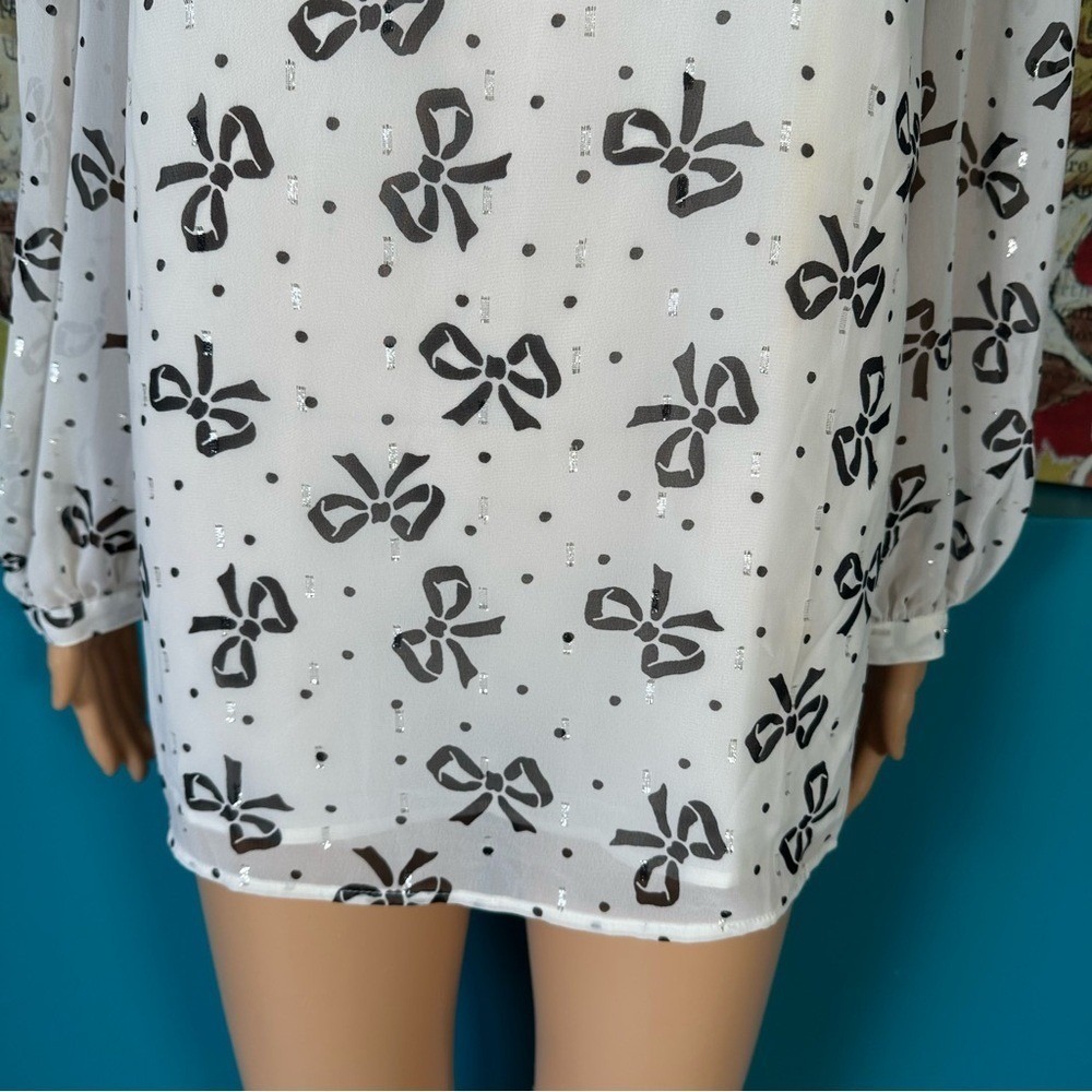 Talbots Blouse Plus Size Women's XL Sheer Long Sleeve Black White Bow Print - Picture 3 of 10